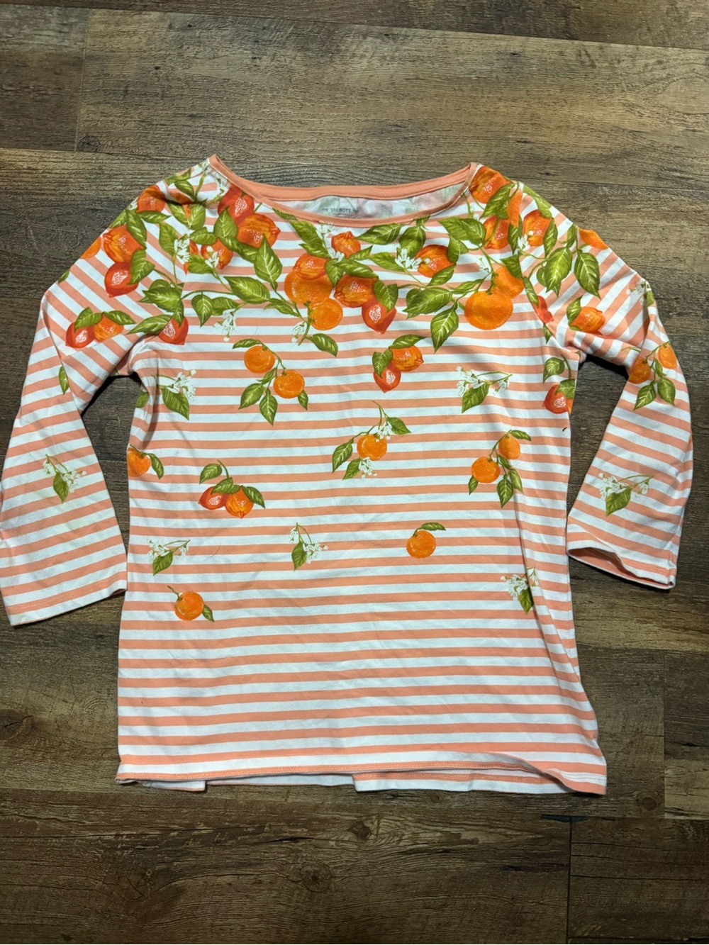 Talbots Peach-Striped Long Sleeve Tee with Orange Citrus Print